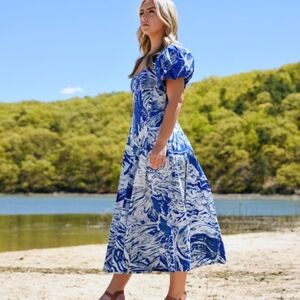 JESSIE ZHAO Blue & White Garden Party Midi Dress Scoop Neck Short Puffy Sleeves